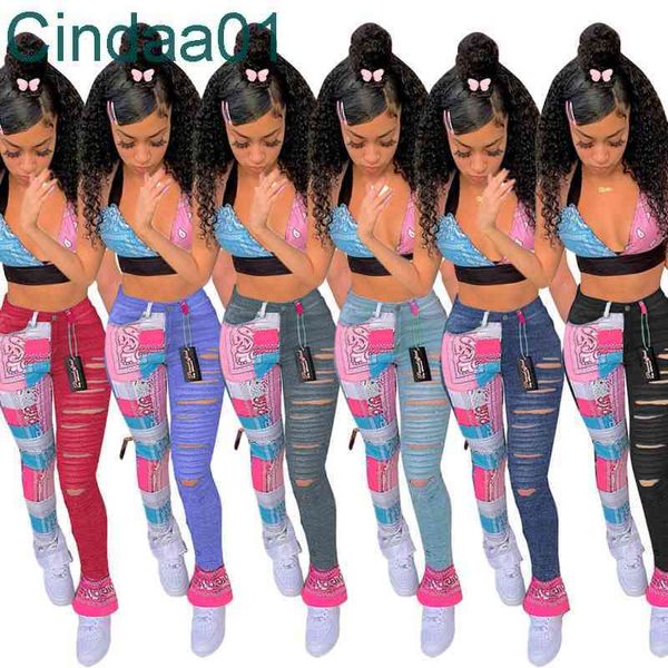 women jeans designer printed tassel slit denim pencil pants casual straight pants ladies fashion leisure trousers 6 colours, Blue